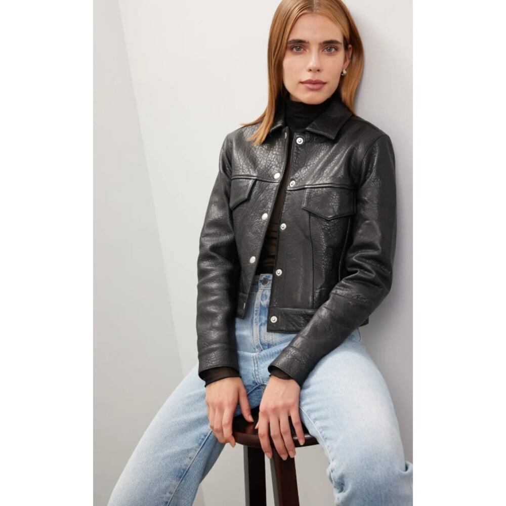VEDA Black Leather Jean Jacket - Picture 2 of 10
